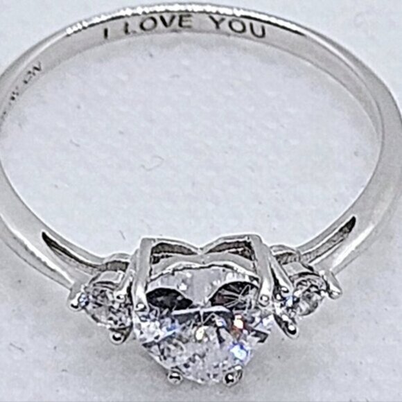 Sterling Silver 925 CZ Heart-Shaped Anniversary Ring Engraved I LOVE YOU - Picture 9 of 11
